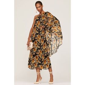 RIXO Liza Black and Gold Floral Midi Dress